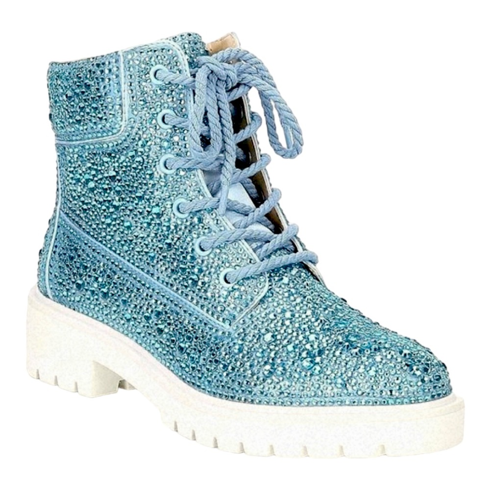 Betsey Johnson Hudson Turquoise Blue Rhinestone Combat Boots Size 6.5 NWOB BLING - Picture 1 of 14